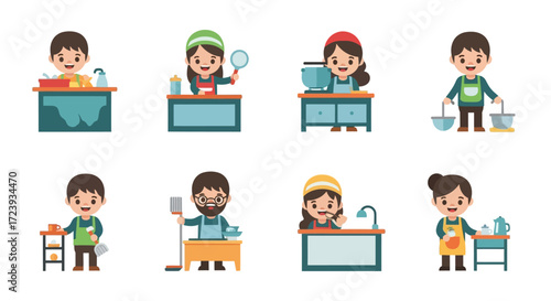 A vector illustration set of cartoon children and students, a group of kids, boys, and a woman, all smiling and having fun with a laptop for school and business