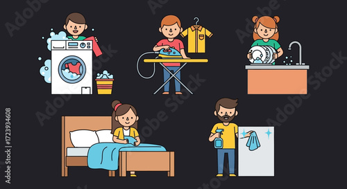 School children vector illustration of a girl and boy in the kitchen with a camera