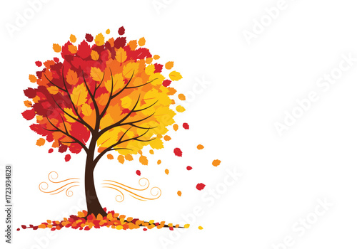 A vibrant autumn tree with falling leaves and gentle breezes.