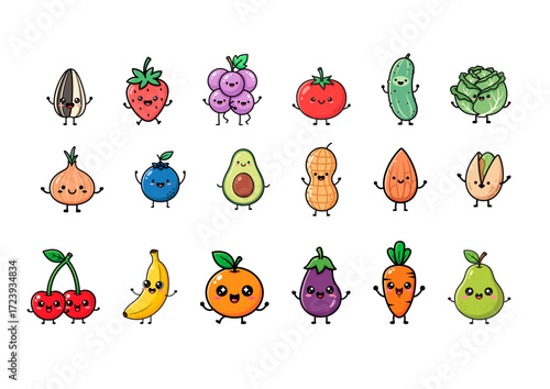 Colorful collection of cute cartoon fruits and vegetables with smiling faces, showcasing a variety of characters including berries, nuts, and greens, perfect for playful designs and children's content