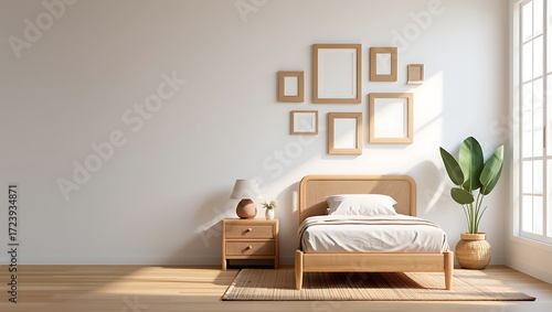 Minimalist bedroom with single bed and rattan headboard bathed in sunlight interior