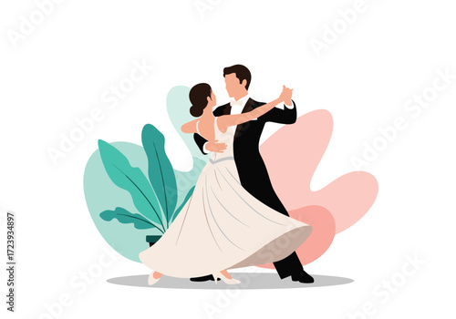 A couple gracefully dancing at a wedding reception.