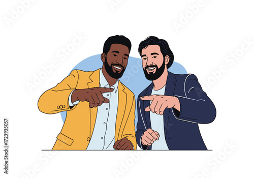 Two men pointing at each other smiling and having fun.