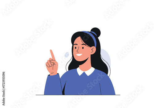 A woman pointing with her finger as if to explain something important.