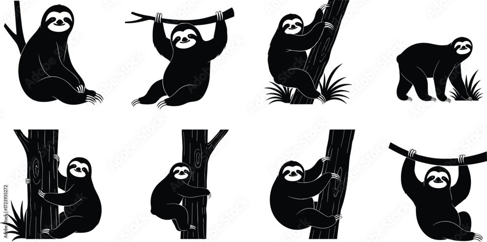 Naklejka premium sloth, wildlife, animal, mammal, silhouette, icon, vector, illustration, black, white, nature, climbing, hanging, walking, resting, posture, anatomy, exotic, rainforest, study, design