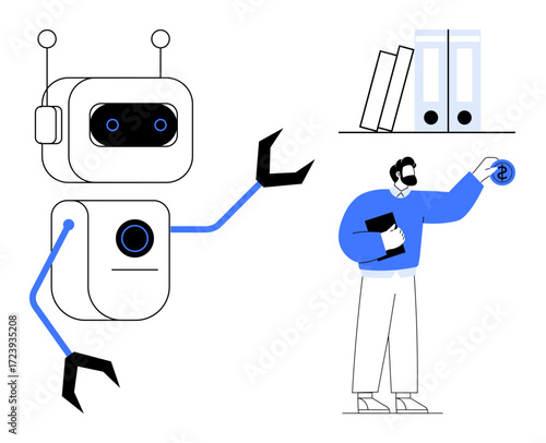 Robot extending an arm toward a person placing a coin symbol, shelves with files and books. Ideal for finance, AI, automation, innovation, teamwork, future concepts, simple flat metaphor