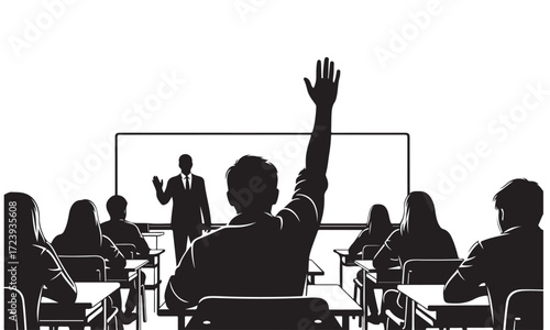 Student Raising Hand in Classroom Setting Silhouette