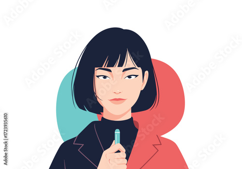 A professional woman with short black hair and a jacket holds a pen in her hand. This illustration is in a modern style.