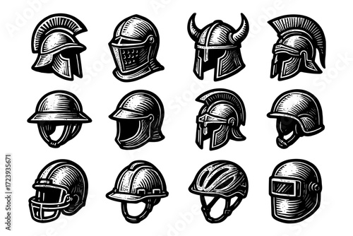 Set of vintage helmet designs featuring diverse historical and modern styles in black and white