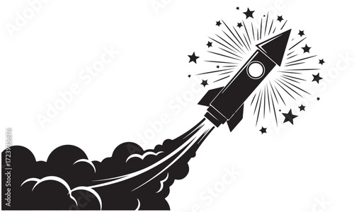 Dynamic Rocket Launch with Starburst Effect and Smoke Trail Silhouette