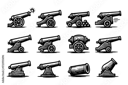 Vintage cannon set: detailed black and white retro art