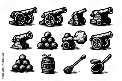 Vintage black and white cannon collection with cannonballs and accessories