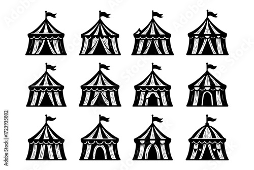 Vintage circus tents collection in black and white silhouette style