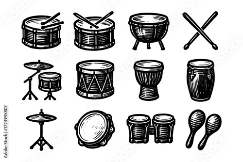 Vintage drum set collection: percussion instruments in retro style