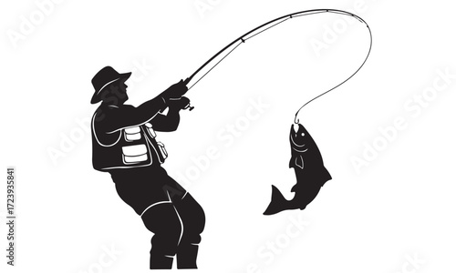 Angler Catching Fish with Rod and Reel Silhouette Illustration