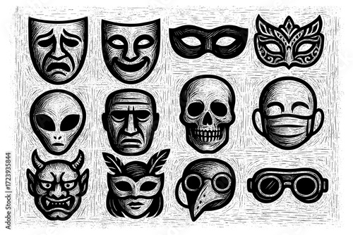 Collection of detailed masks and faces in vintage engraving design
