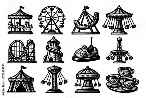 Amusement park rides silhouette collection featuring vintage carousel and ferris wheel designs