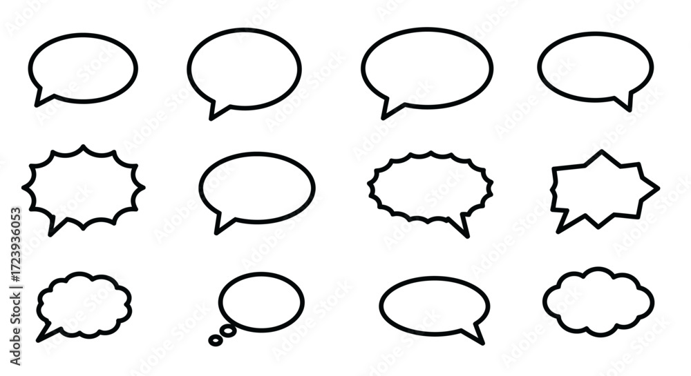 Fototapeta premium Collection of Black and White Speech Bubble Outline Illustrations.