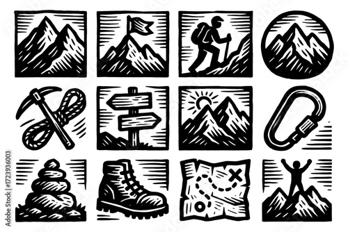 Woodcut style mountain adventure icons: hiking, climbing, and exploration symbols