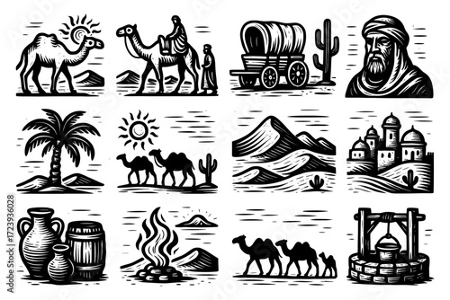 Desert caravan and oasis icons: engraved camel journey with middle eastern landscape elements