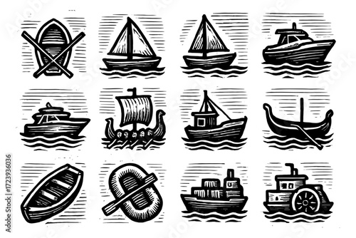 Vintage nautical boats in hand-drawn woodcut style