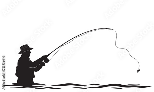 Silhouette of a Fly Angler Casting Line in Water