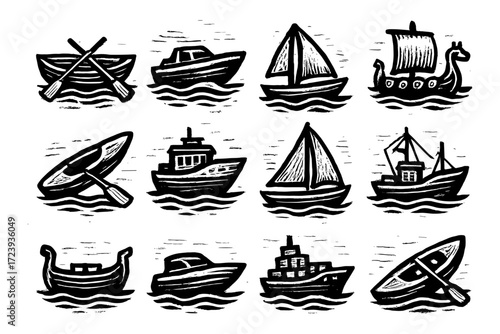 Black and white nautical boat icons in vintage woodcut style