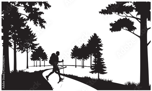Solo Hiker with Backpack on Winding Forest Path Silhouette