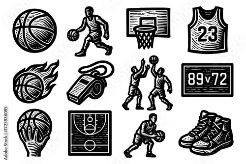 Vintage basketball elements set with players, court, and accessories in retro style