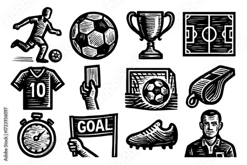 Vintage soccer set: gear, field, and action elements for classic sports design