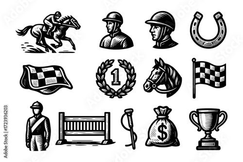 Vintage equestrian elements set with jockey, horses, and trophy designs