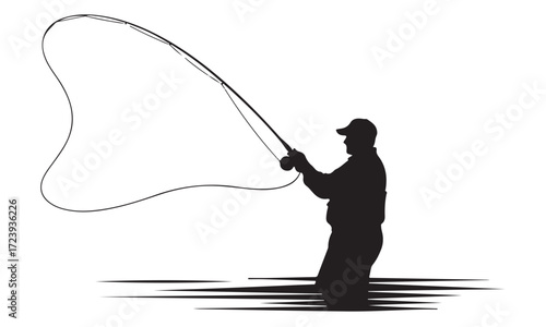 Silhouette of a Fly Fisherman Casting a Line in Water