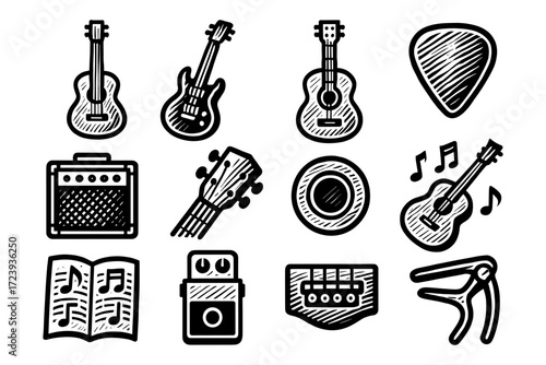 Music icons set: guitars, amplifiers, and musical notes in retro style