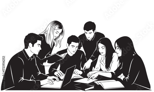 Young People Collaborating and Studying Together in a Group Discussion