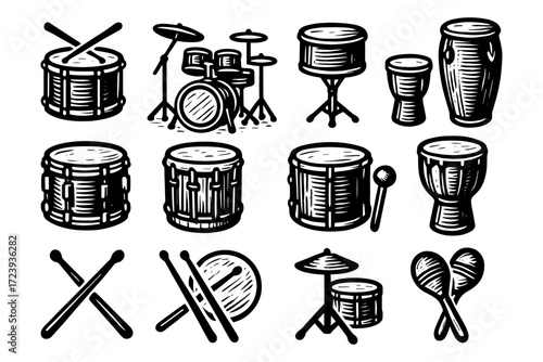 Hand-drawn drum set and percussion instruments collection