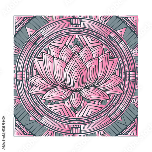 Pink lotus flower artfully centered within intricate geometric mandala pattern, symbolizing spiritual purity, peace, and harmony; decorative illustration