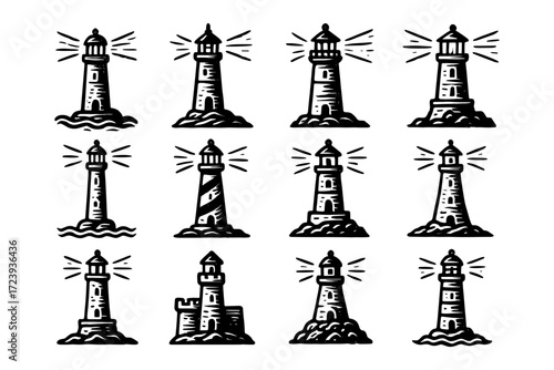 Collection of hand-drawn lighthouse icons with nautical themes