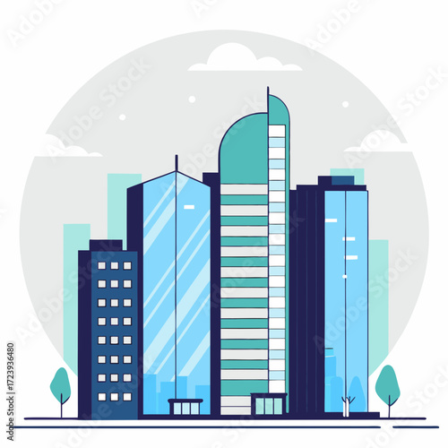 Modern cityscape with tall glass skyscrapers and trees under a cloudy sky, representing urban development and business