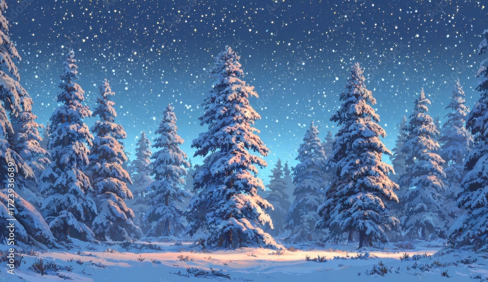Obraz premium Snowy pine forest at night