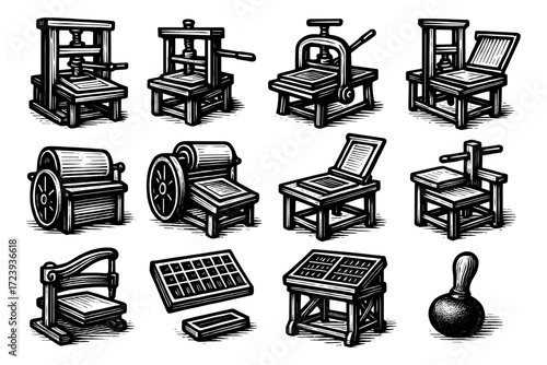 Vintage printing press machines collection in retro woodcut style