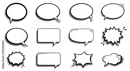 Collection of Comic Style Speech Bubbles with Halftone Shadows in Black and White.