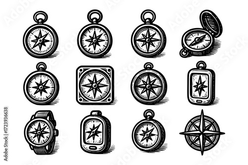 Hand drawn compass variations: vintage nautical navigation set