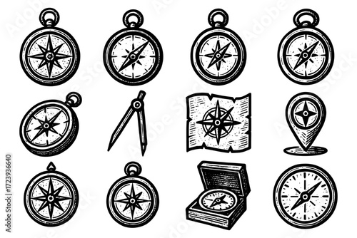 Vintage compass collection: detailed hand-drawn navigation tools for explorers