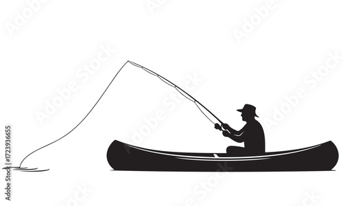 Silhouette of a Fisherman Casting a Line from a Small Boat