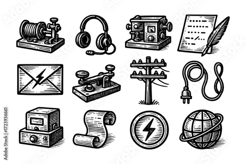 Vintage communication technology icons set with engraved style designs