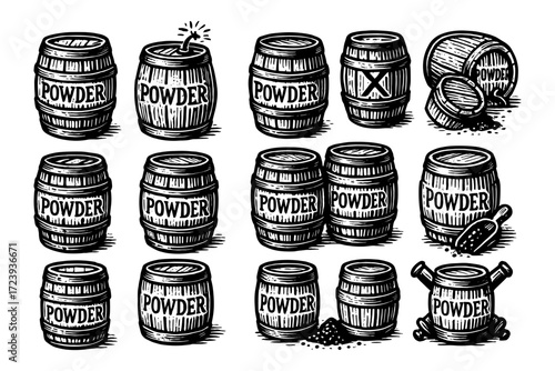 Vintage powder keg barrels collection with hand-drawn style icons