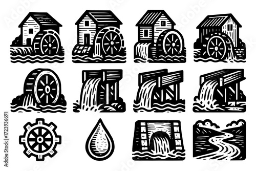 Vintage woodcut watermills and nature elements with handcrafted style