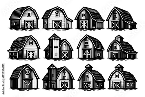 Vintage rustic barn collection in detailed woodcut style