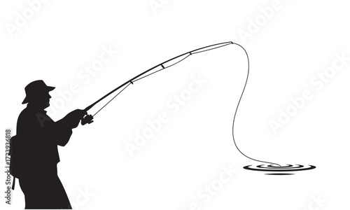 Silhouette of an Angler Casting a Fishing Rod and Line