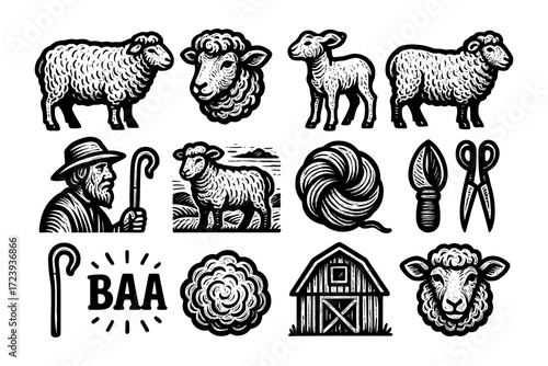 Rustic sheep farm designs featuring barn, shepherd, and wool elements in vintage style